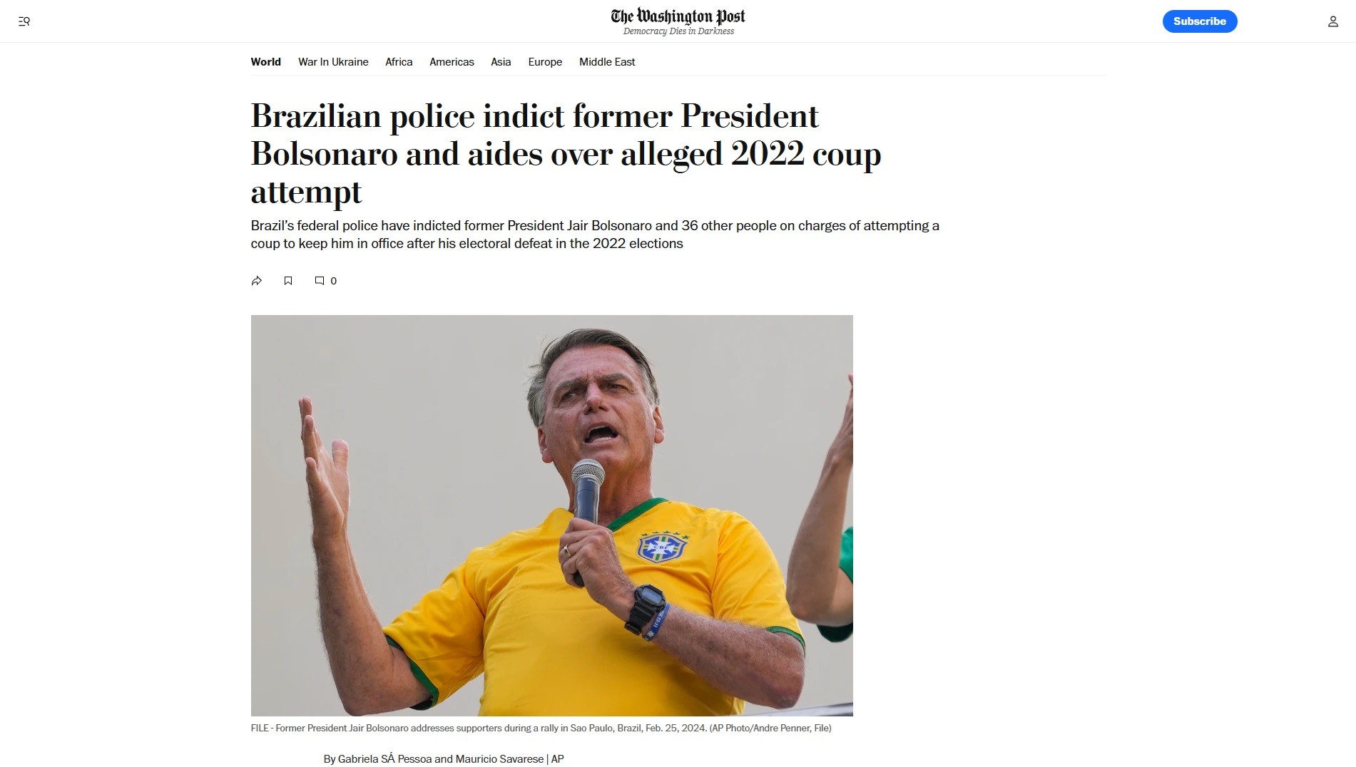 Indiciamento de Bolsonaro repercute na imprensa internacional